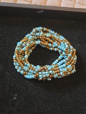 $5 With Any Purchase Turquoise and Gold Beaded Stretch Bracelet